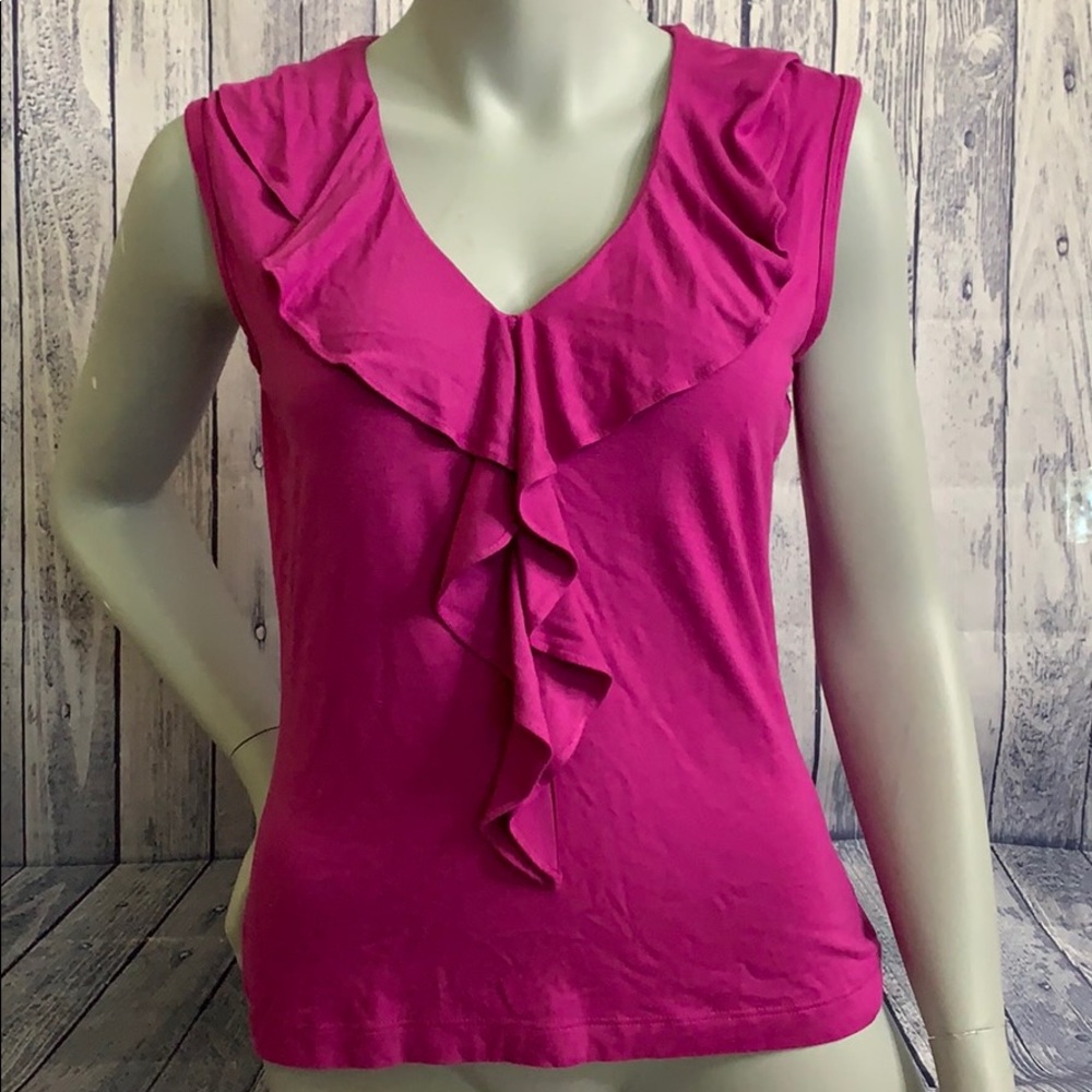 St John Fuchsia Sleeveless Ruffle V-Neck Top, M